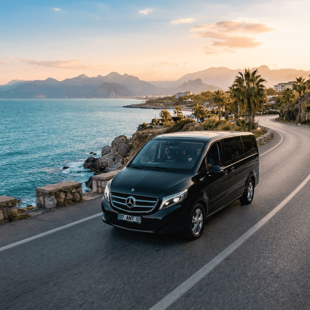 Luxury black sedan on the Antalya coastline at golden hour