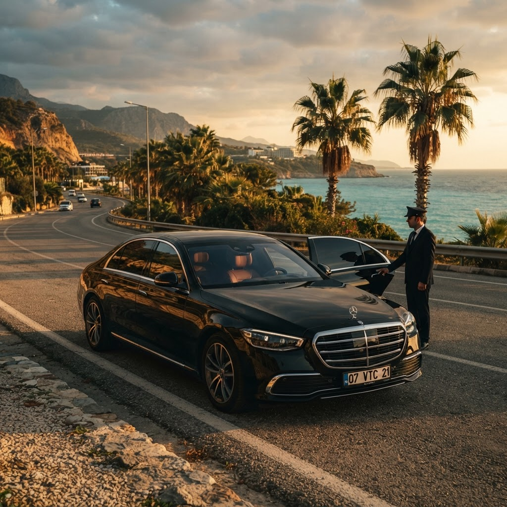 Luxury black sedan on the Antalya coastline at golden hour